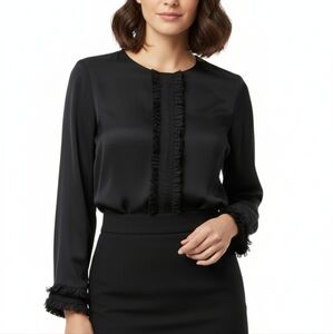 ALEXIS Women’s  Black Blouse Top Ruffle Fringe Long Sleeve 100% Silk Size Xs